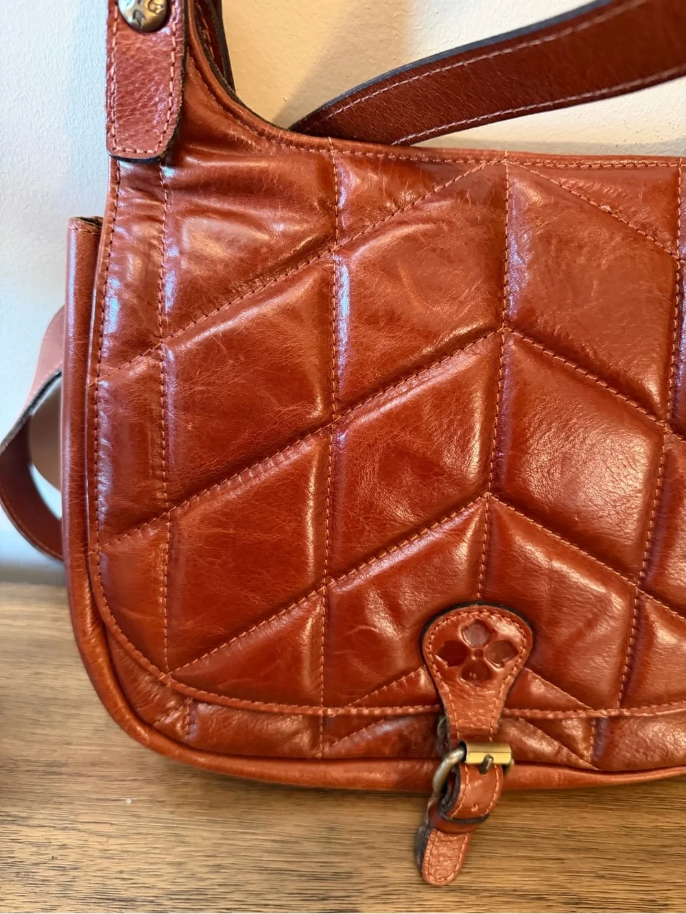 Patricia Nash Quilted Patchwork Leather Saddle Crossbody Bag Cognac - Picture 2 of 13